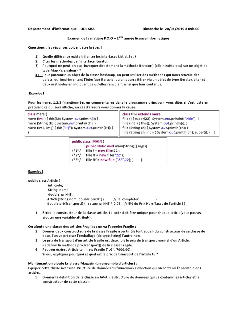 Examen P.O.O 2ème année Informatique | PDF | Java (Langage de ...