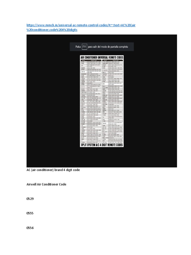 Codigos para Aire Acondicionado Usando Control Universal | PDF ...