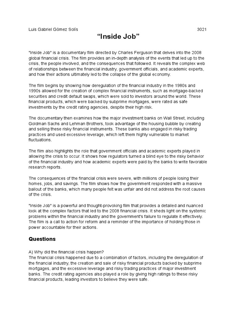 "Inside Job" Questions PDF Cost Of Living Economies