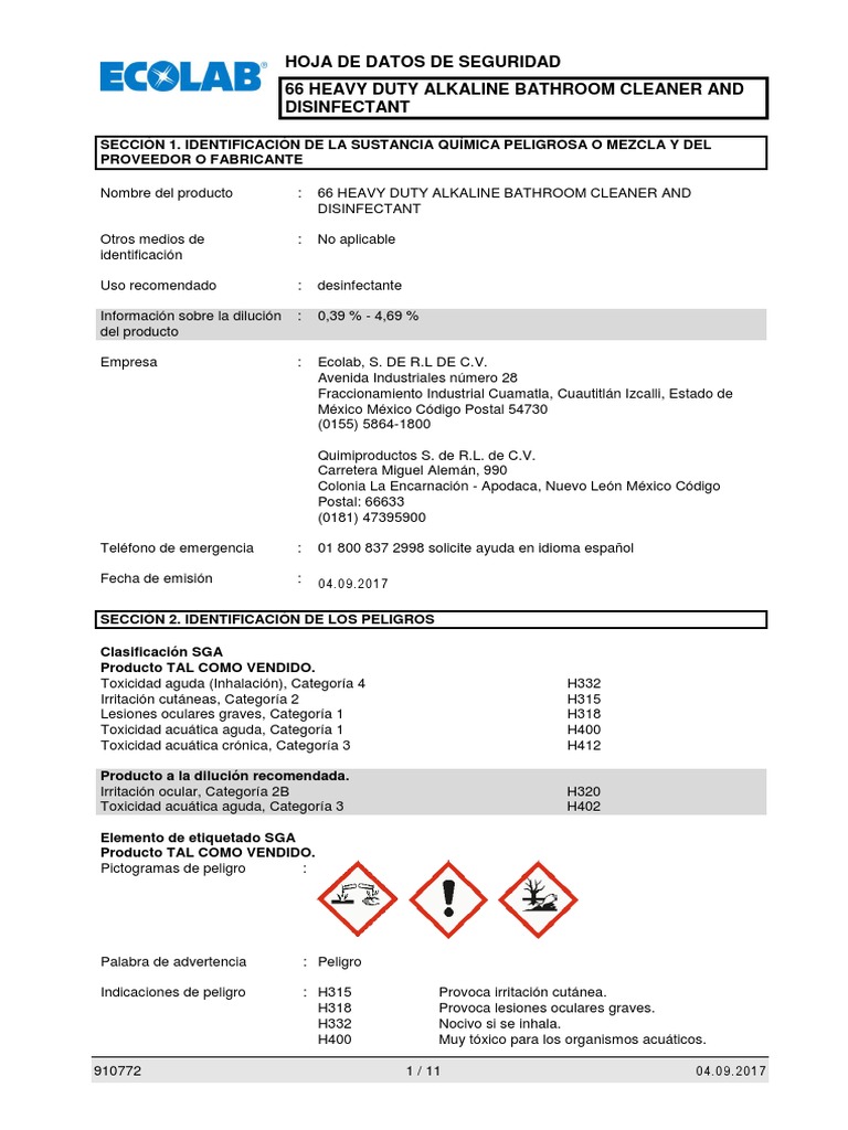 Hoja de Datos de Seguridad 66 Heavy Duty Alkaline Bathroom Cleaner and
