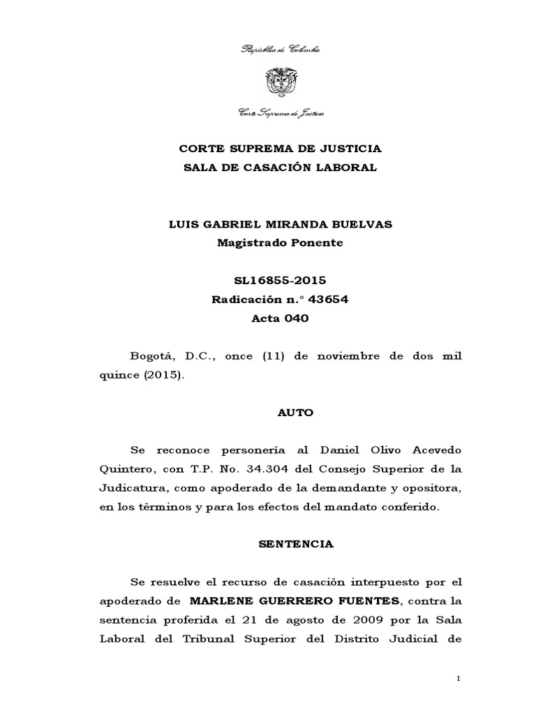 Sentencia de La Corte Suprema de Justicia Sala de Casación Laboral