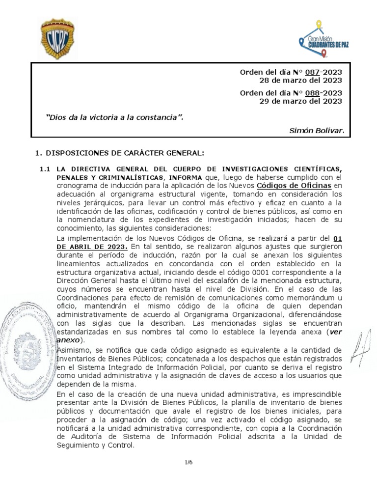 Orden del Día N° 087 y 088, de fecha 28 y 29 de marzo del año 2023