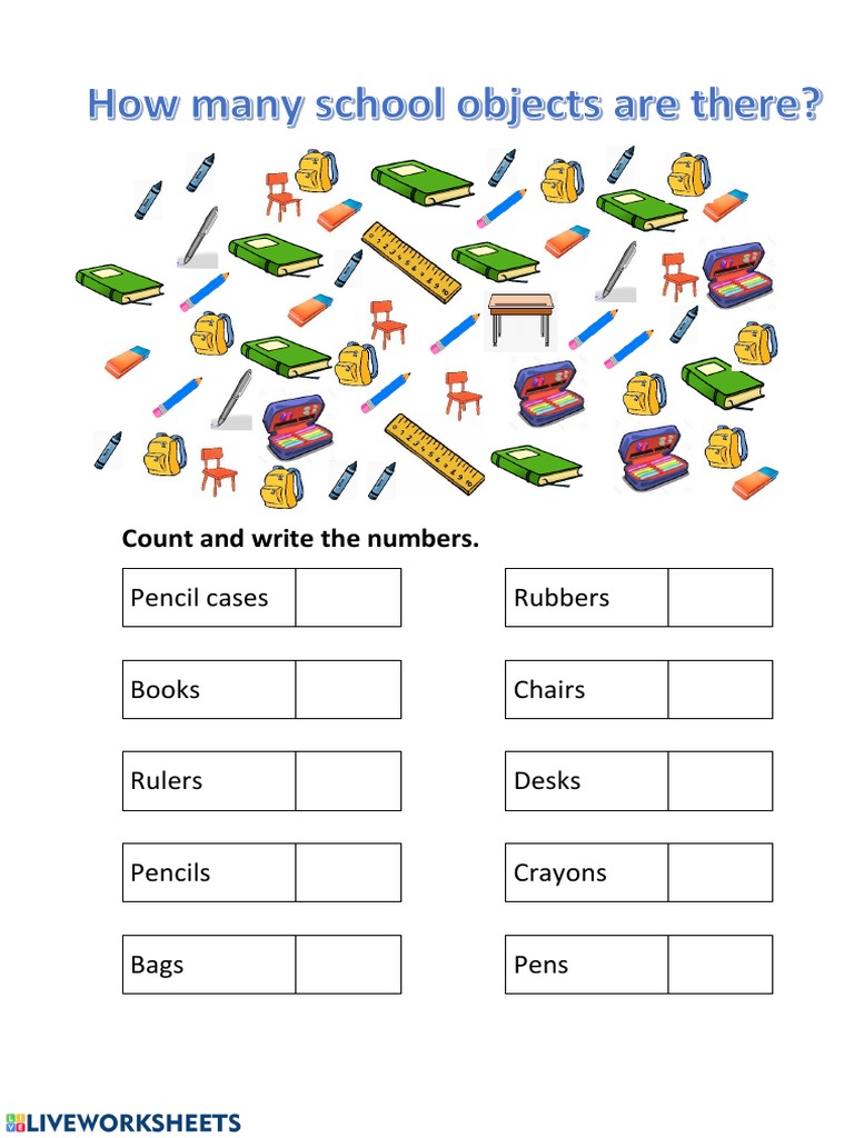 Counting School Objects Worksheet | PDF