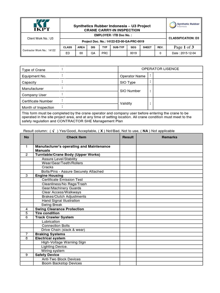 Form 01 Crane Carry in Inspection | PDF | Crane (Machine) | Equipment