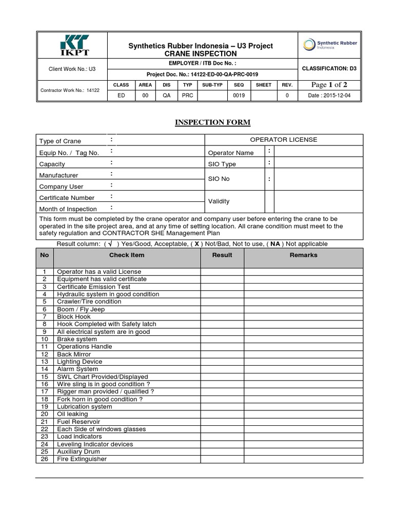 Form 02 Crane Inspection Form PDF Crane (Machine) Manufactured Goods