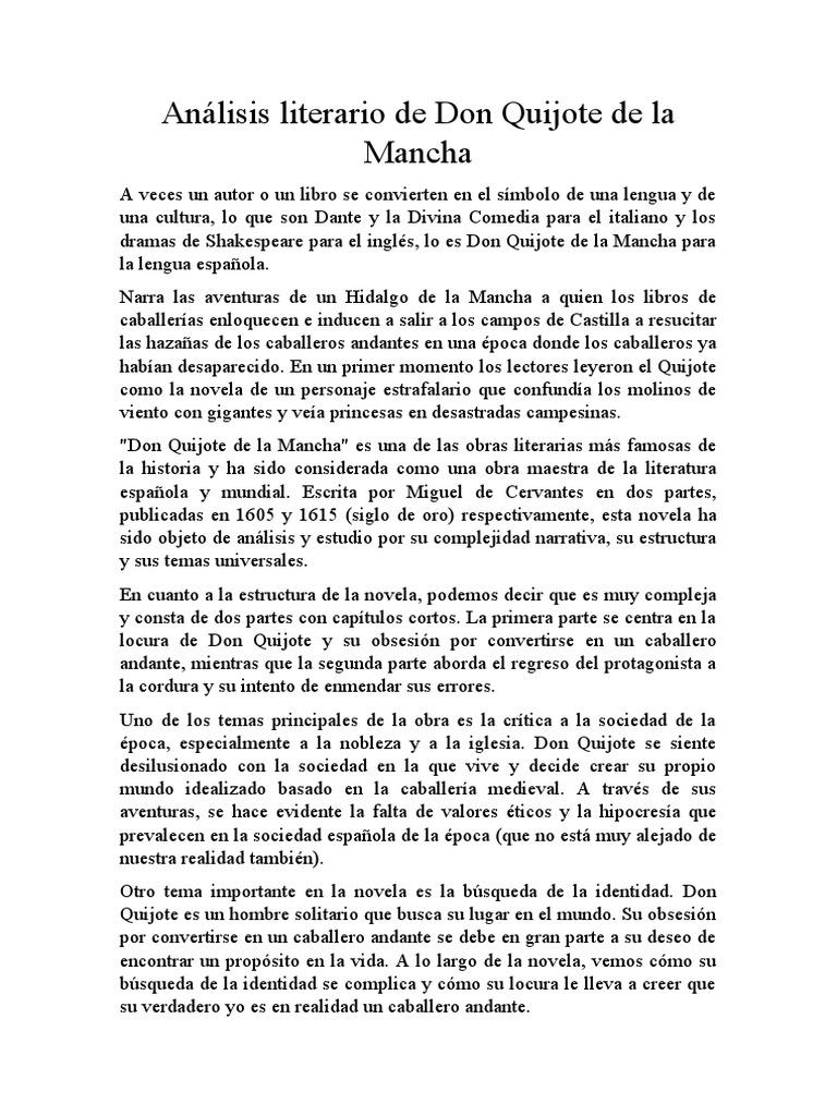 Análisis Literario de Don Quijote de La Mancha | Descargar gratis PDF