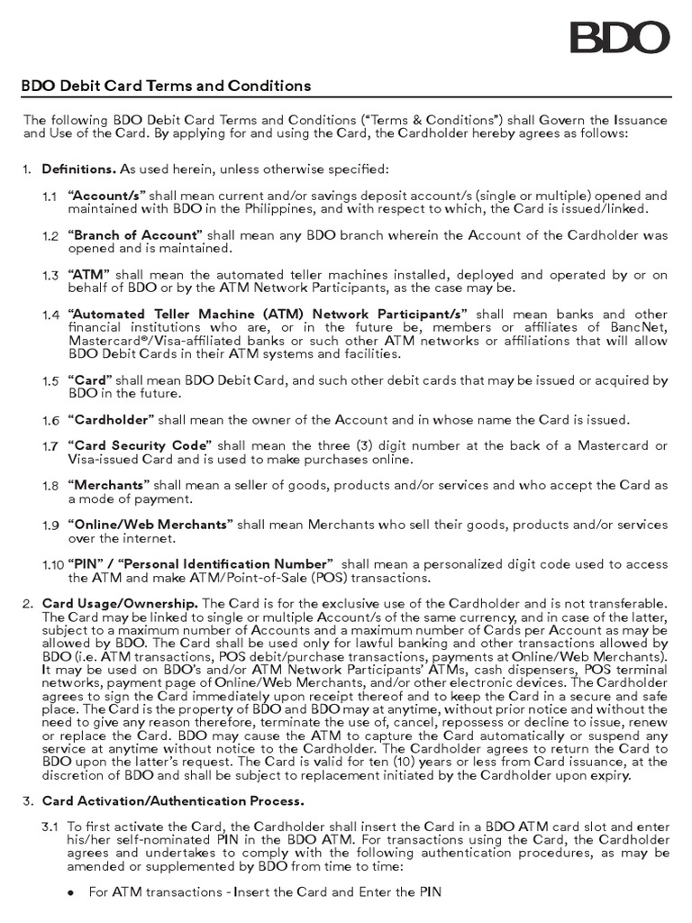 BDO Debit Card Terms and Conditions PDF Master Card Automated