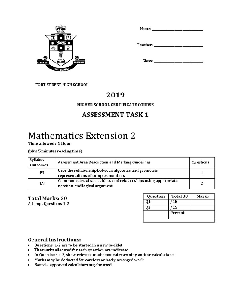 Mathematics Extension 2 Assessment Task 1 PDF Complex Number