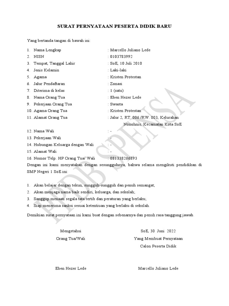 Surat Pernyataan Peserta Didik Baru | PDF