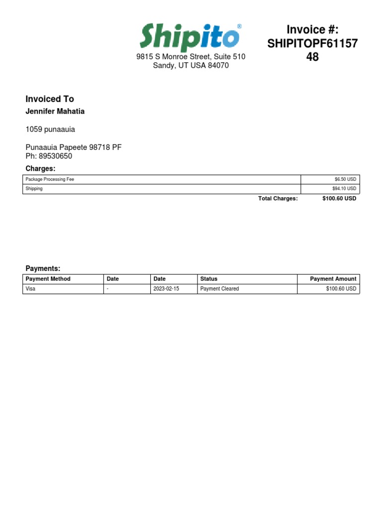 Invoice #F61157 for Shipping Charges | PDF