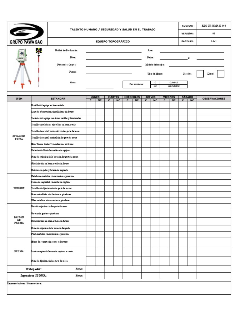 Reg GP Aa 01 001 Check List Equipo Topografico | PDF | Tornillo ...