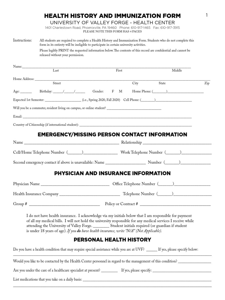 Health History and Immunization Form: University of Valley Forge ...