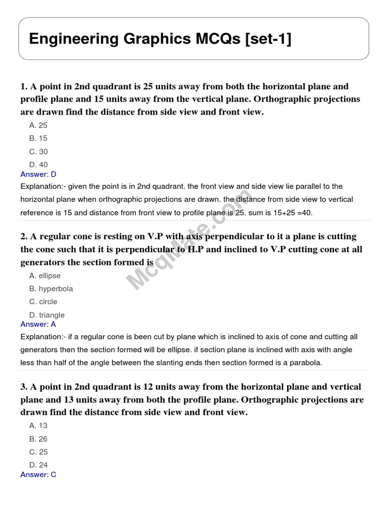 Engineering Graphics MCQs Set 1 | PDF | Perpendicular | Ellipse