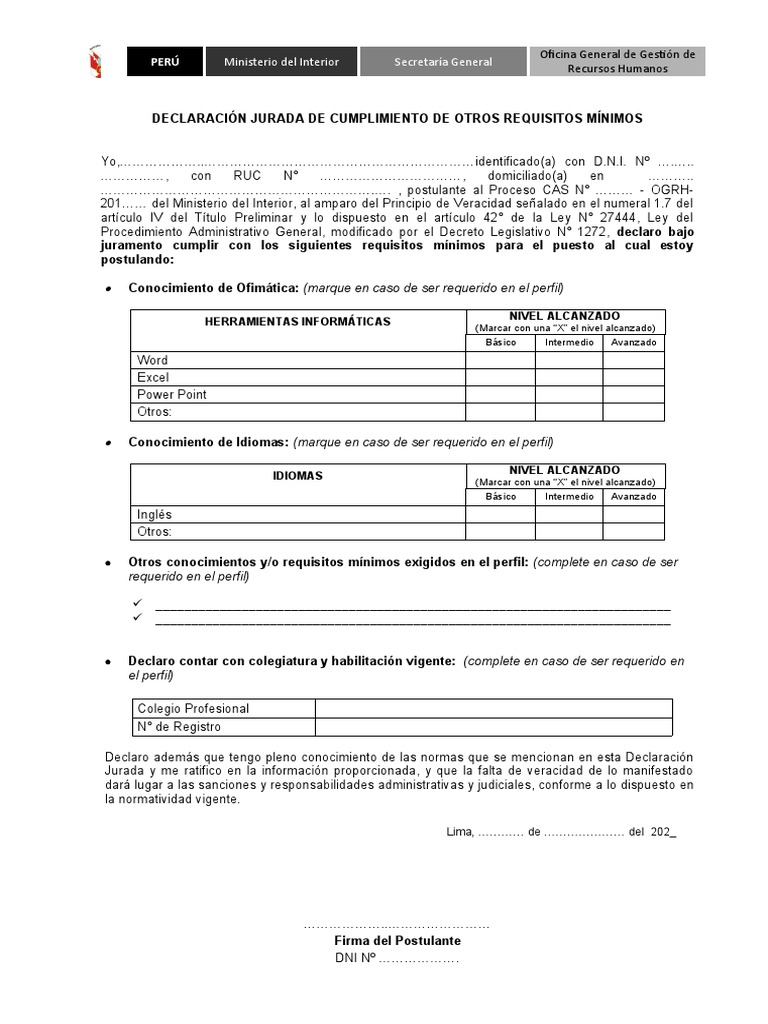 Formato De Declaracion Jurada De Cumplimiento De Requisitos Titulo ...
