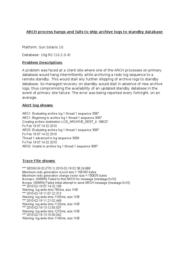 ARCH Process Hangs and Fails To Ship Archive Logs To Standby Database PDF Oracle Database