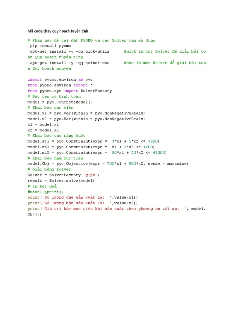 Mã code chạy quy hoạch tuyến tính | PDF