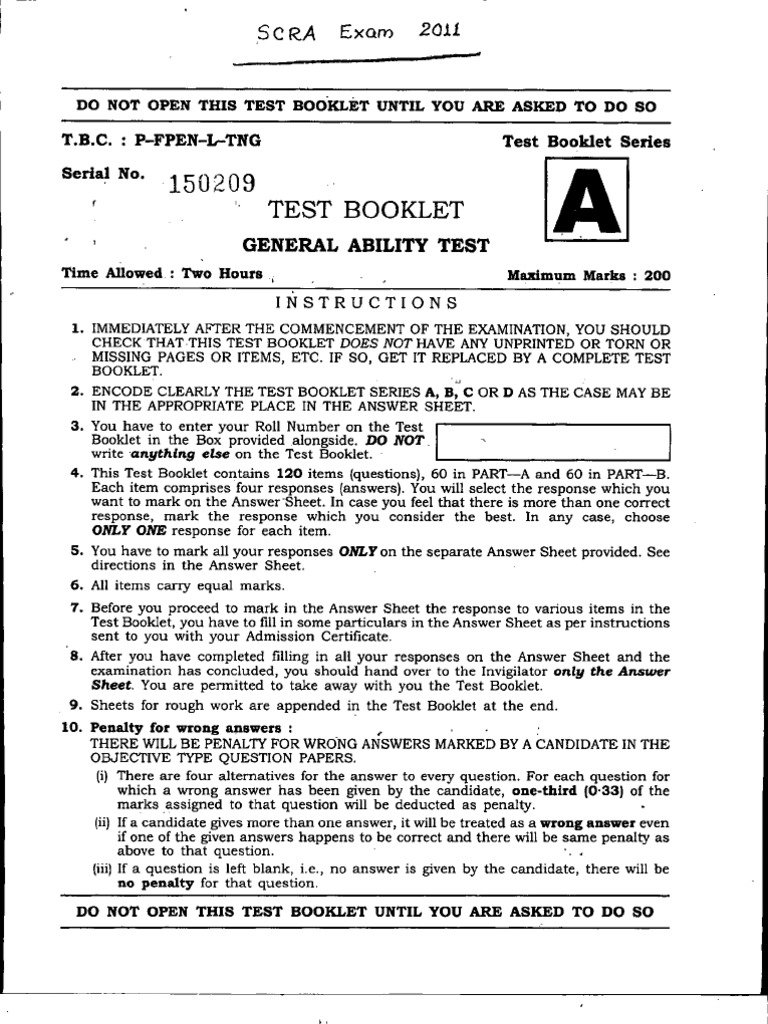 SCRA 2011 Question Paper General Ability | PDF