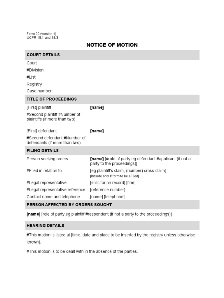 Notice of Motion Form 20 Template | PDF | Address (Geography) | Solicitor