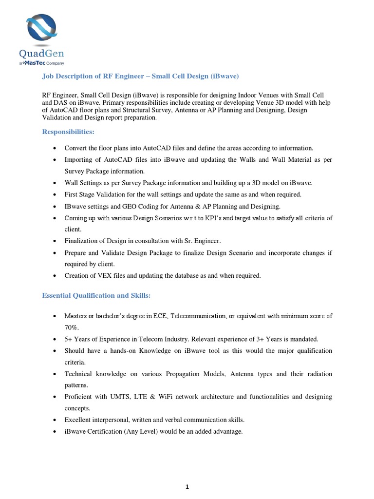 RF Engineer Small Cell Design (Ibwave) Job Description PDF