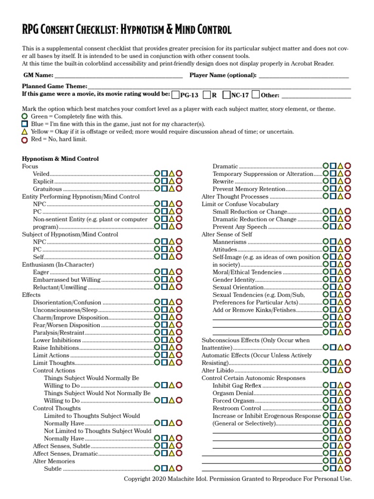 RPG Consent Checklist Hypn | PDF | Recall (Memory) | Cognitive Science
