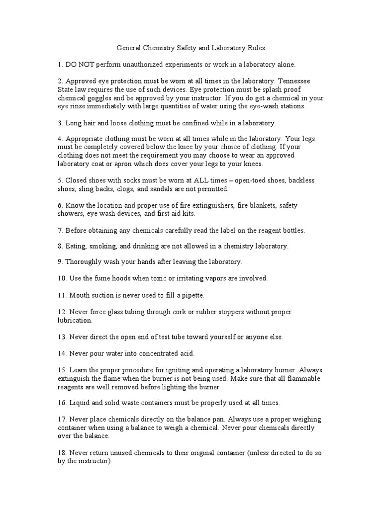 Chemistry Laboratory Rules PDF Laboratories