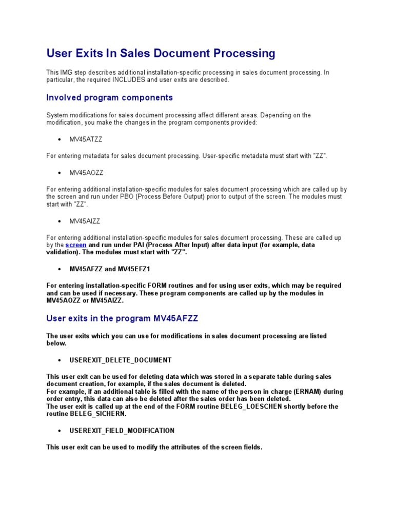 Sales Document User Exits Guide | PDF | Sales | Computing