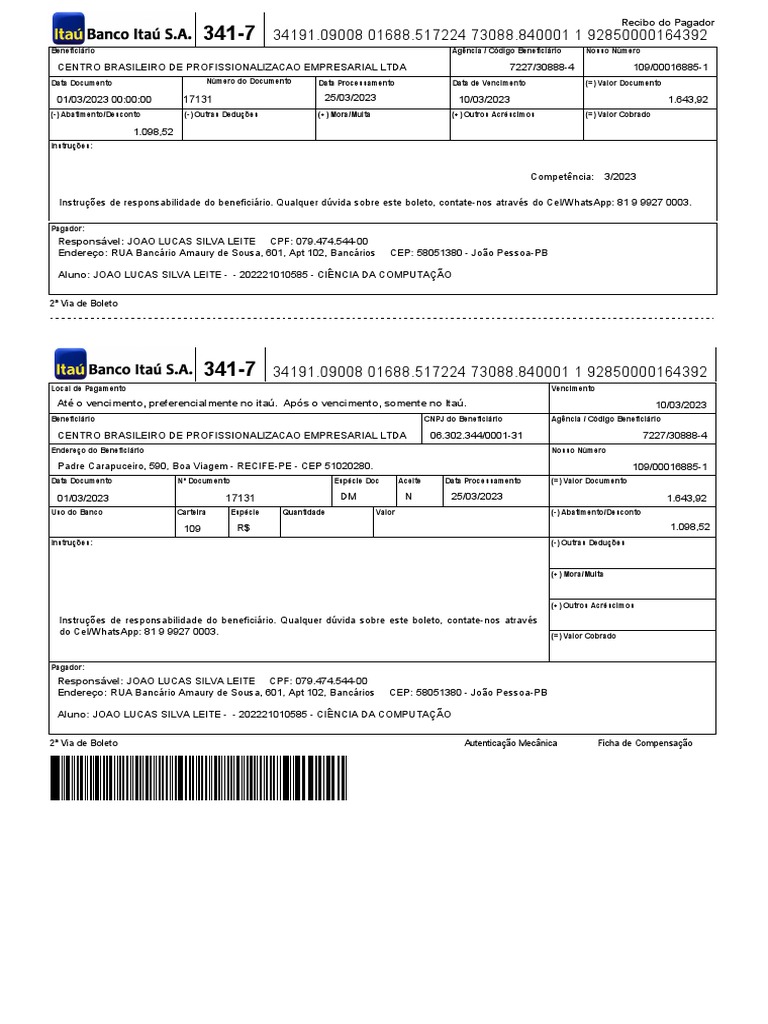 2 Via de Boleto: Ficha de Compensação Autenticação Mecânica | PDF ...