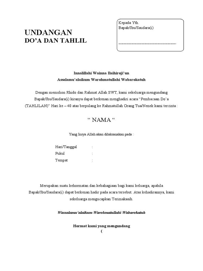 Contoh Undangan Tahlilan | PDF