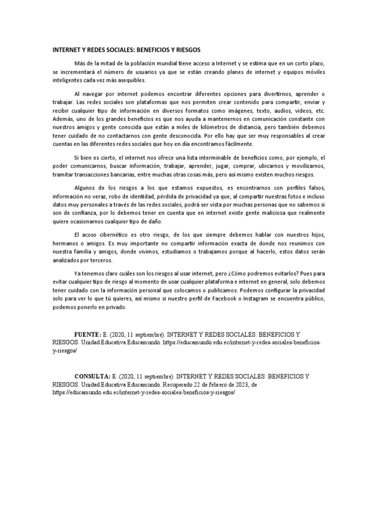 Beneficios y Riesgos de Redes Sociales | PDF | Servicio de redes ...