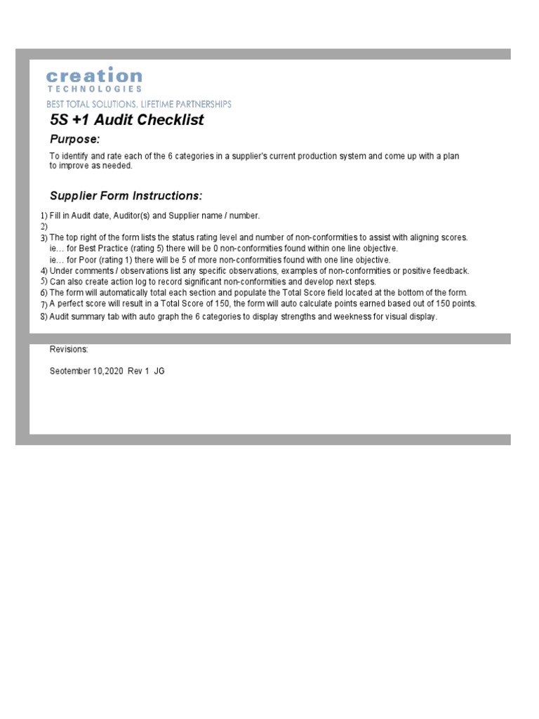 5S +1 Audit Checklist: Purpose | PDF | Audit | Business