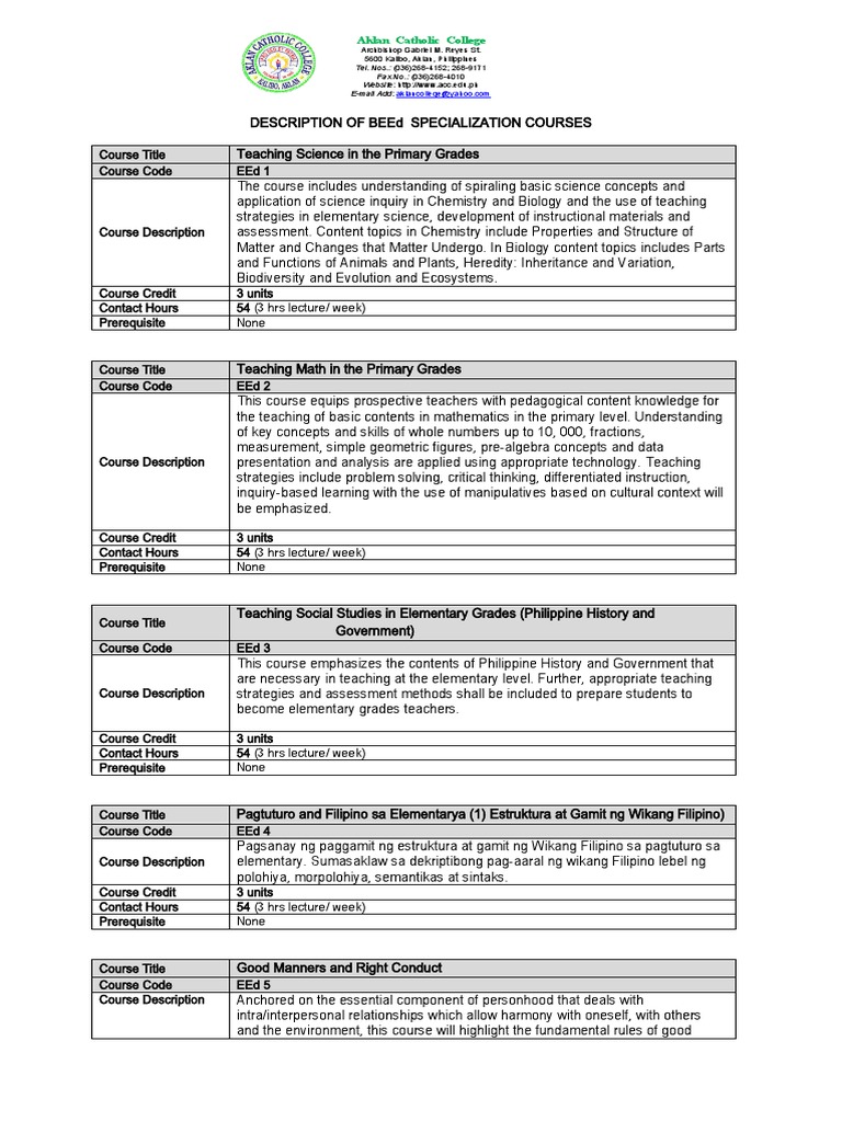 BEEd Specialization Course Description PDF Pedagogy Learning