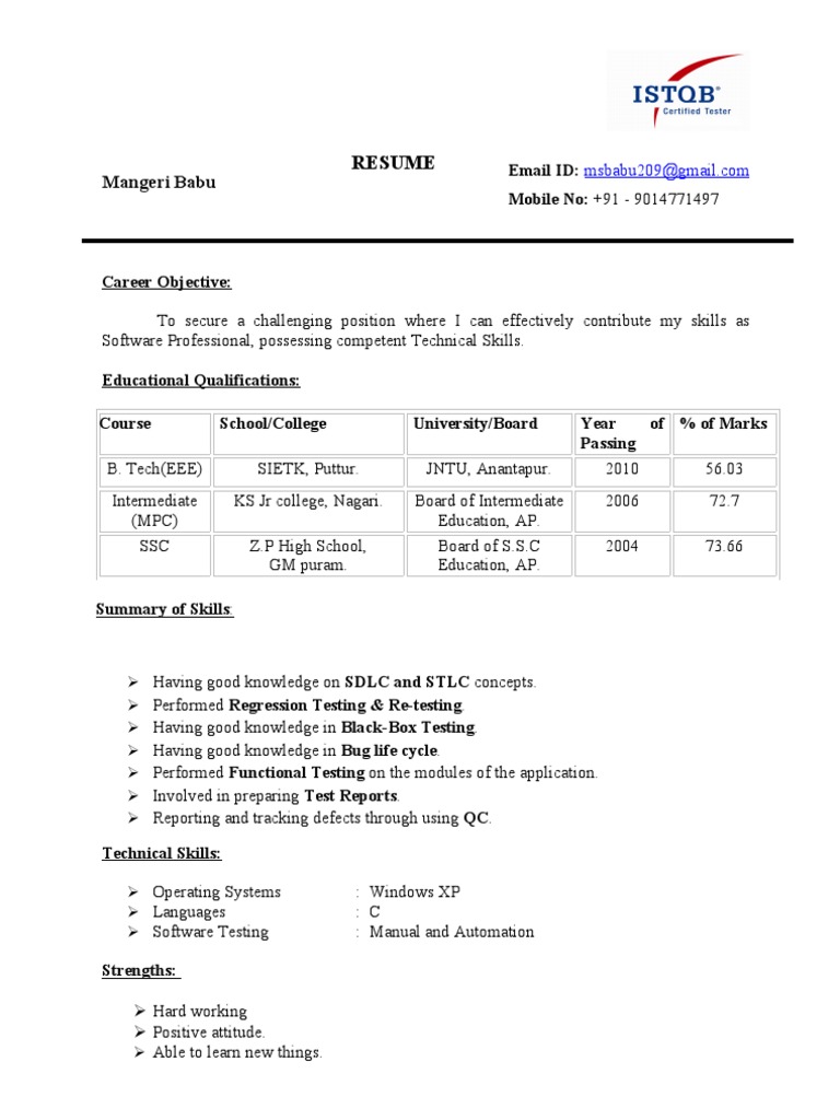 Resume Babu EEE Fresher ISTQB Certified