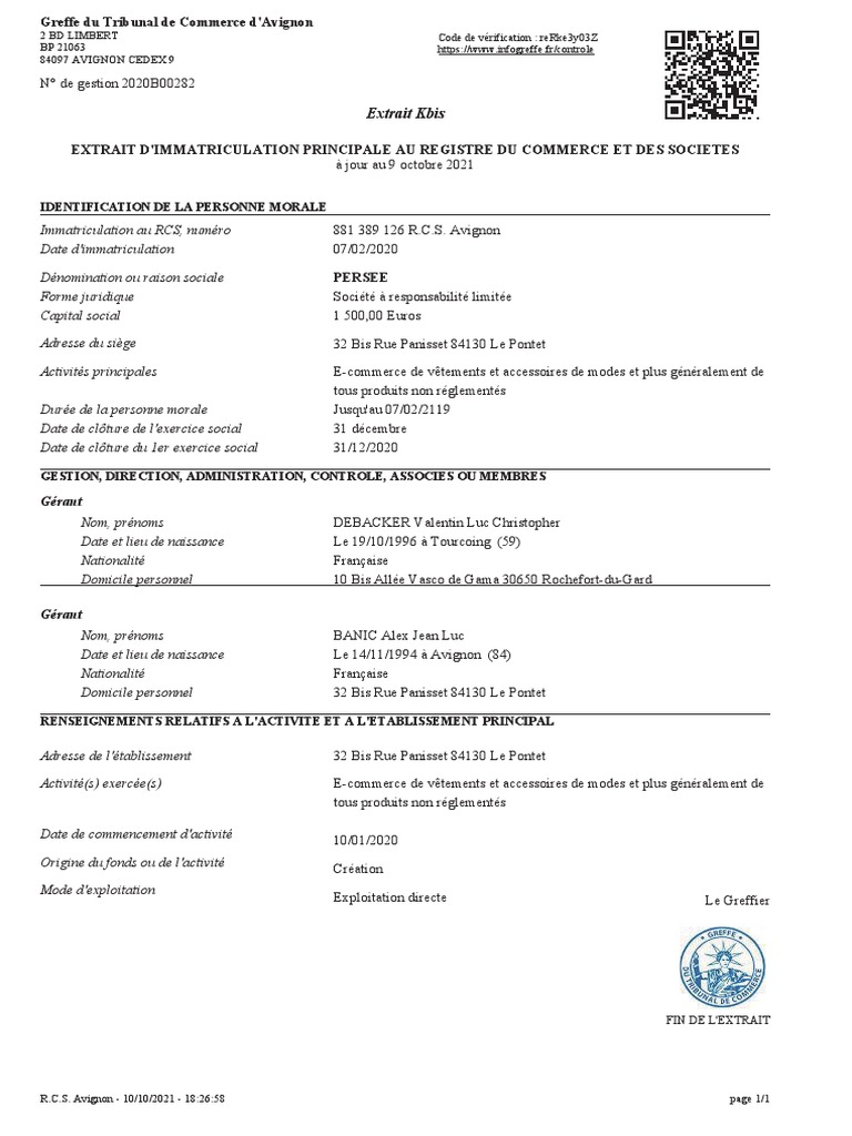 Extrait Kbis de la société PERSEE | PDF | Business | Allemagne