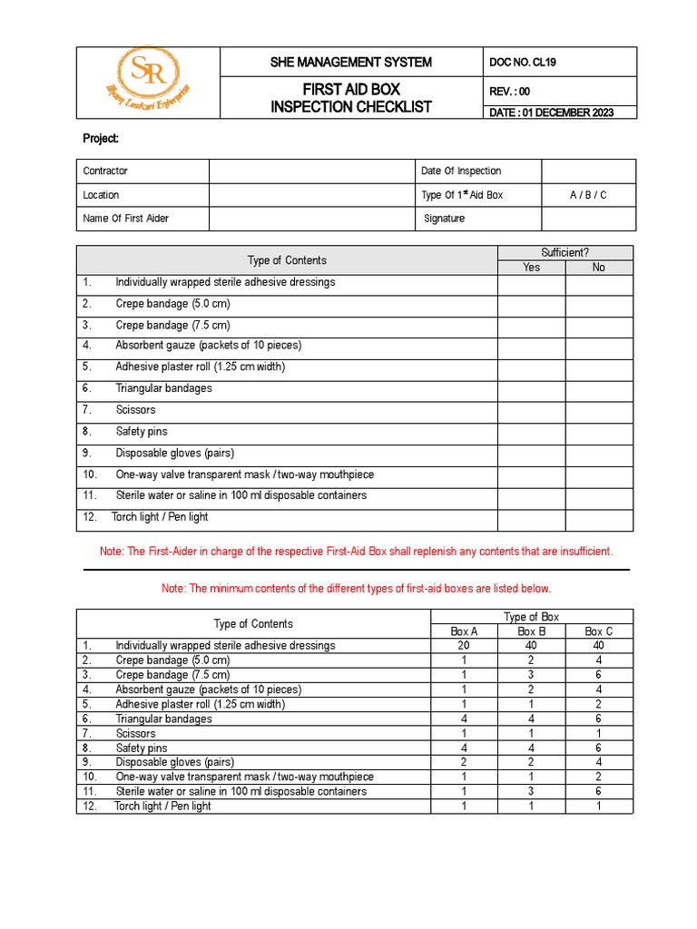 Inspection Checklist First Aid Box Inspection Download Free PDF