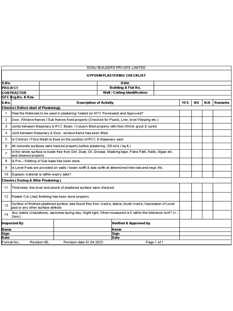 Checklist For Gypsum Plaster Works | PDF