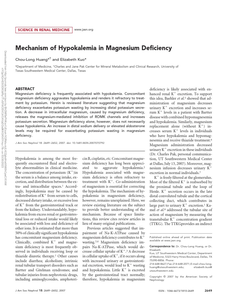 Mechanism of Hypokalemia in Magnesium Deficiency.7 PDF Membrane