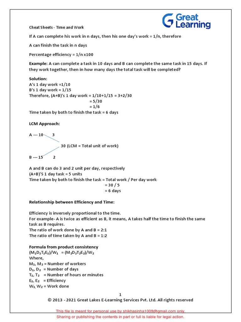 Cheat Sheet Time and Work PDF