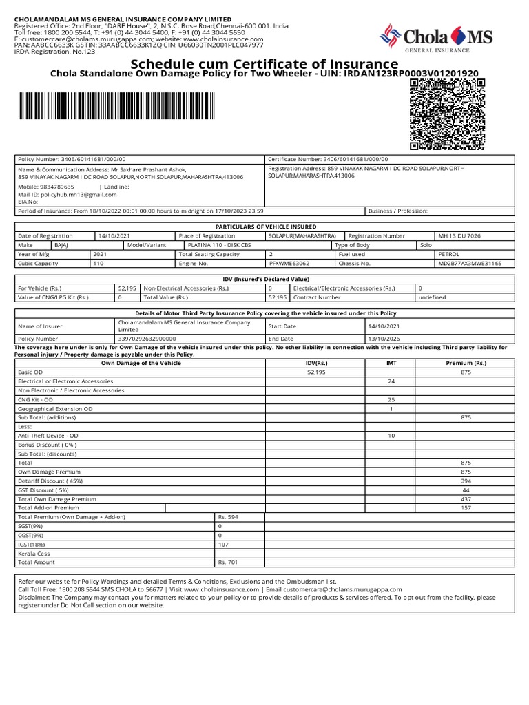 schedule-cum-certificate-of-insurance-chola-standalone-own-damage