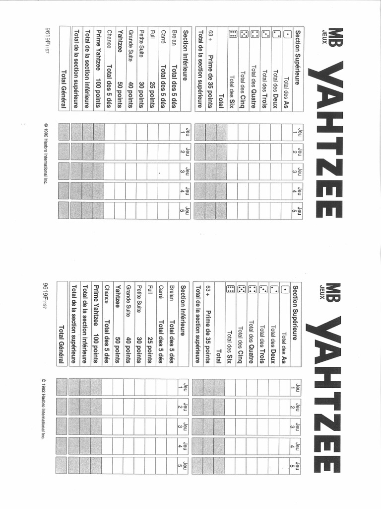 Yahtzee Feuille PDF