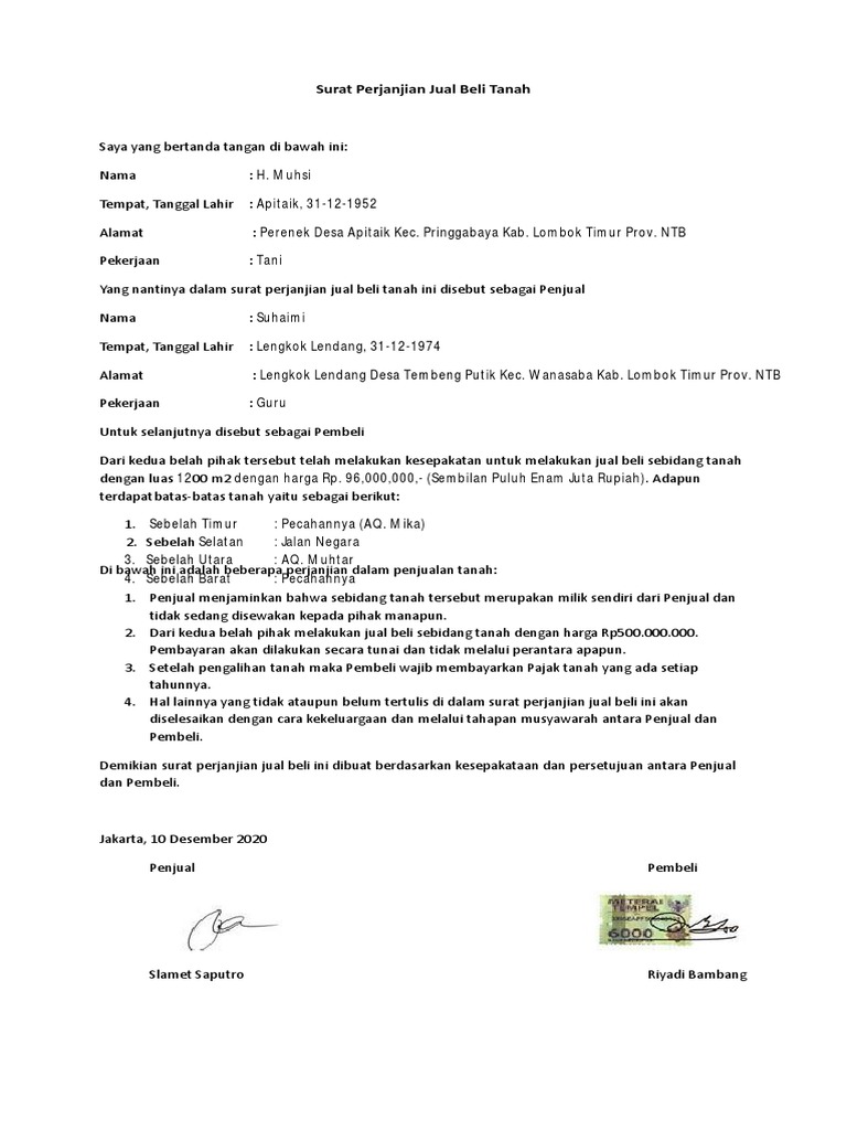 Contoh Surat Perjanjian Jual Beli Tanah | PDF | Hukum