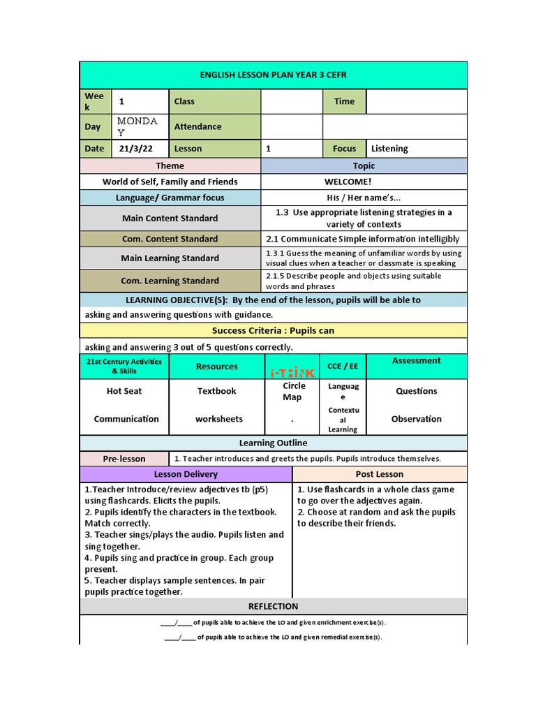 English Lesson Plan Year 3 Cefr Pdf Lesson Plan Communication
