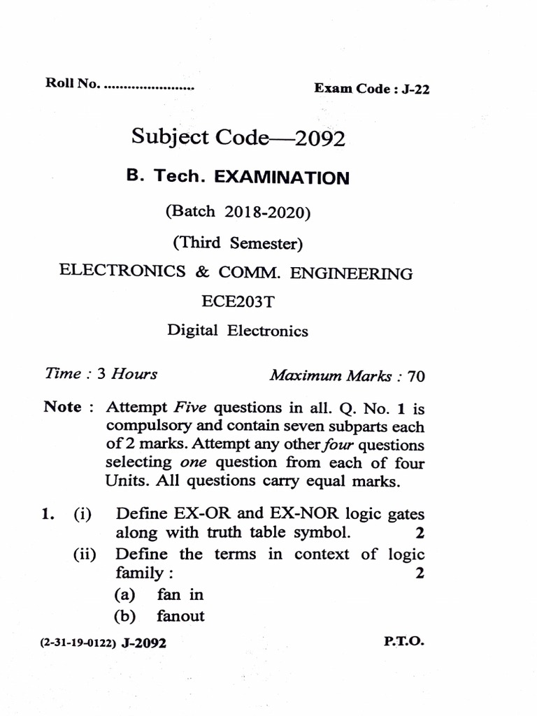 Digital Electronics Exam Questions Covering Logic Gates, FlipFlops