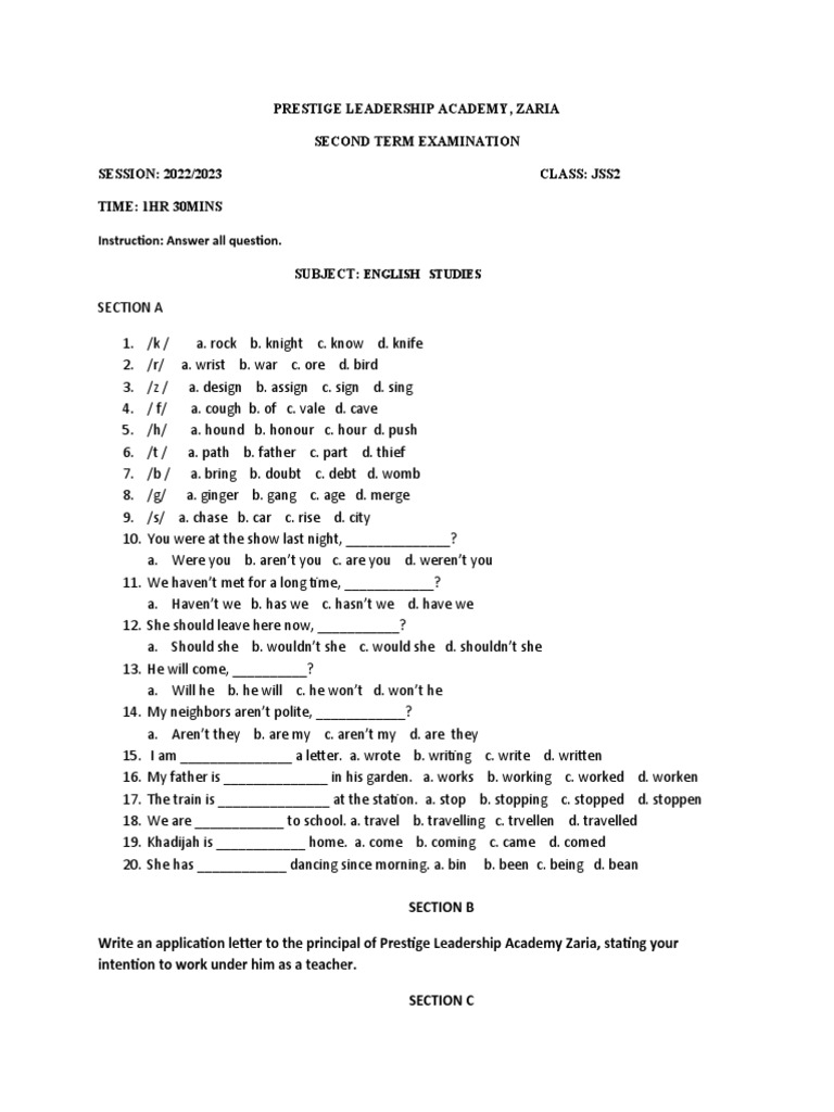 Prestige Leadership Academy, Zaria Second Term Examination SESSION 2022/2023 Class Jss2 Time