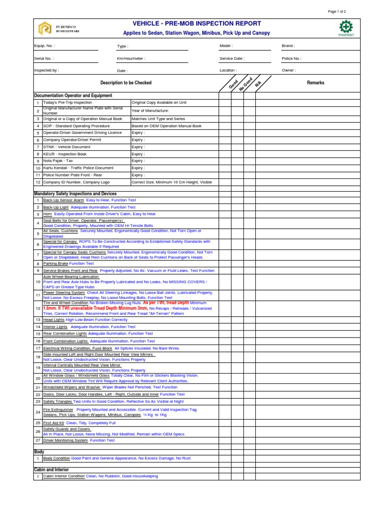 Pre-Mob Vehicle Inspection Report | PDF | Leak | Truck