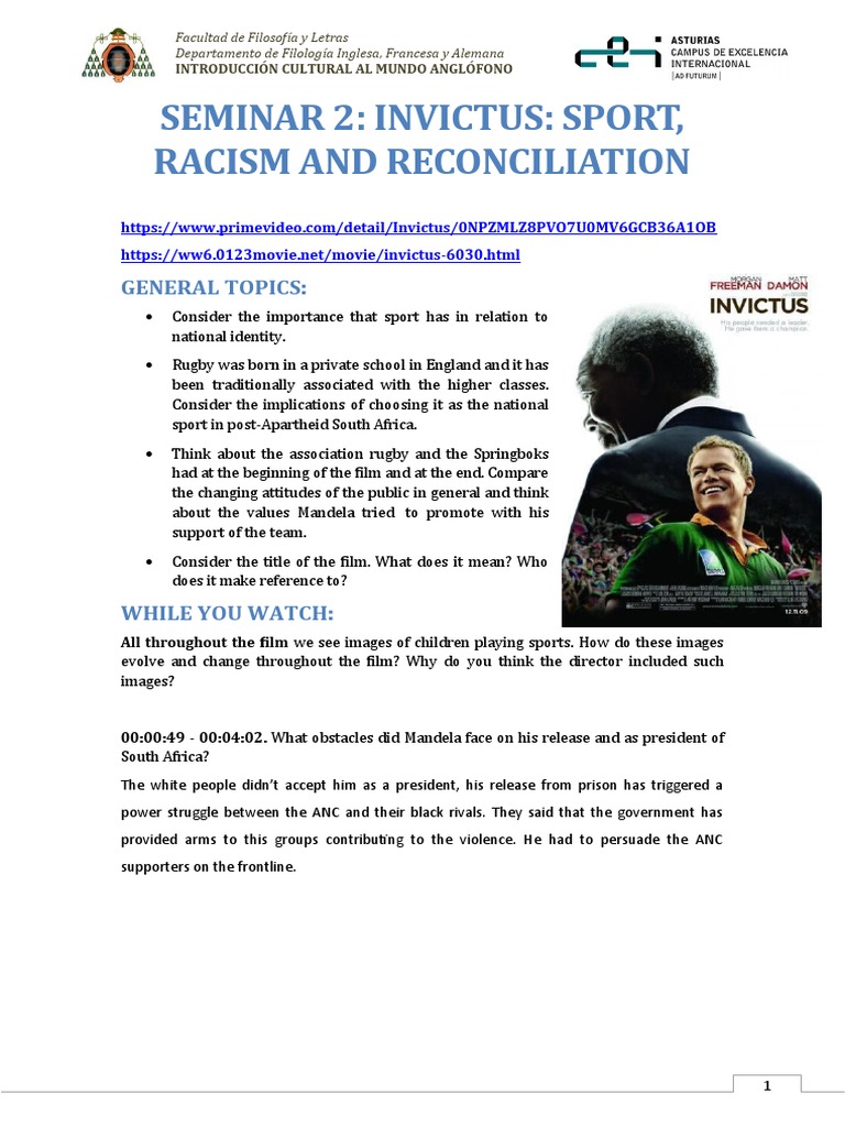 Invictus: Sport, Racism, and Unity Analysis | PDF | South Africa ...
