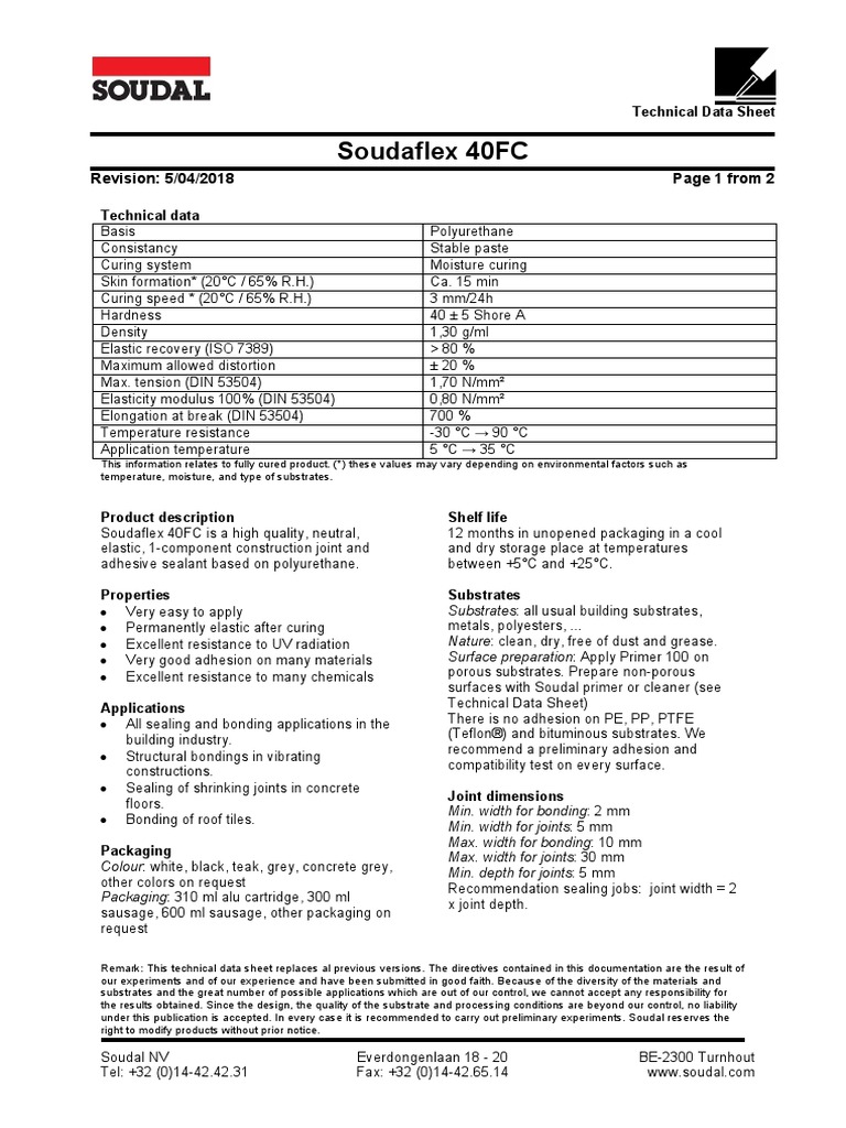 Soudaflex 40FC - Datasheet | PDF | Adhesive | Elasticity (Physics)