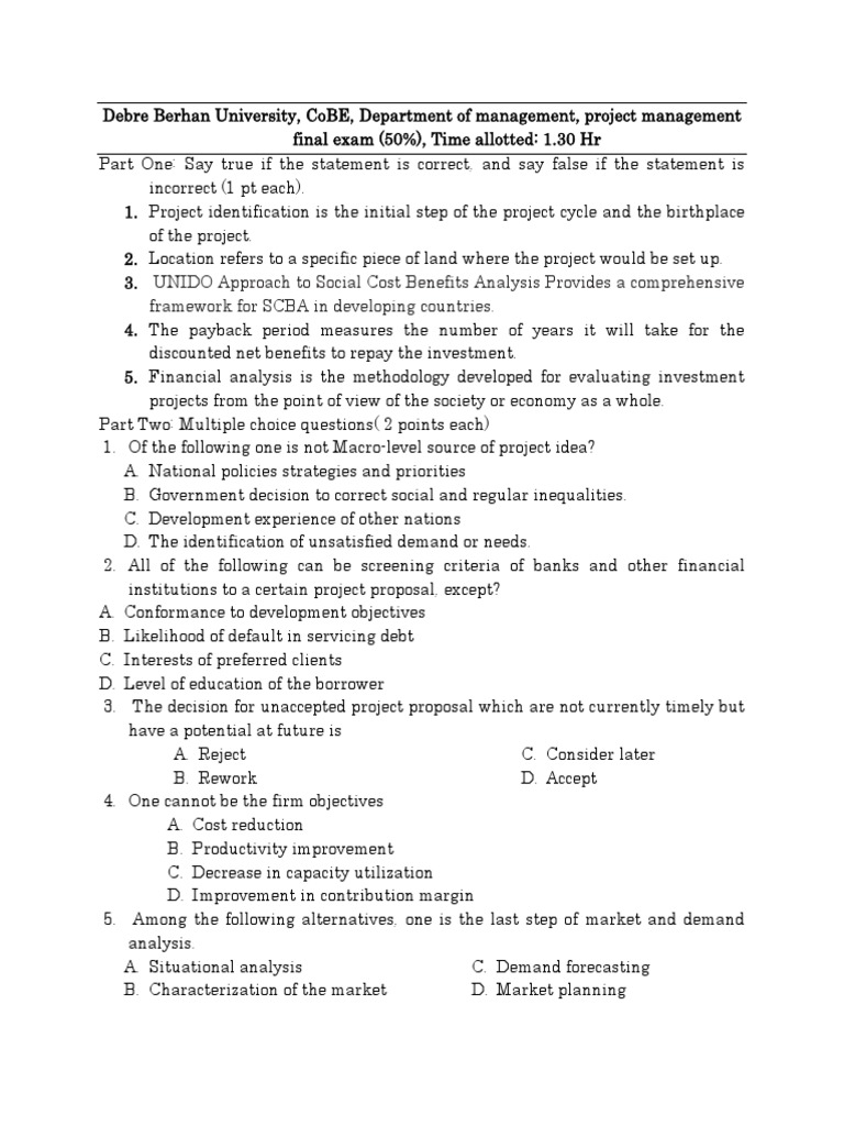 Project Management Final Exam Questions | PDF | Discounted Cash Flow ...