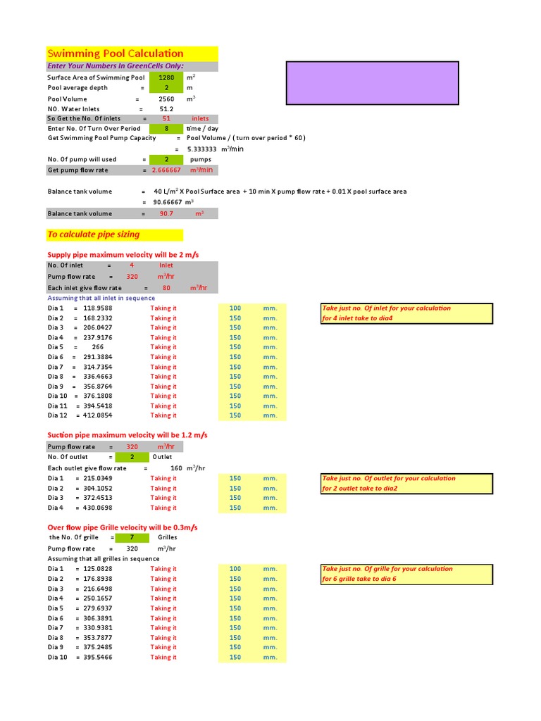 Swimming Pool Calculation To Calculate Pipe Sizing PDF Pump Flow
