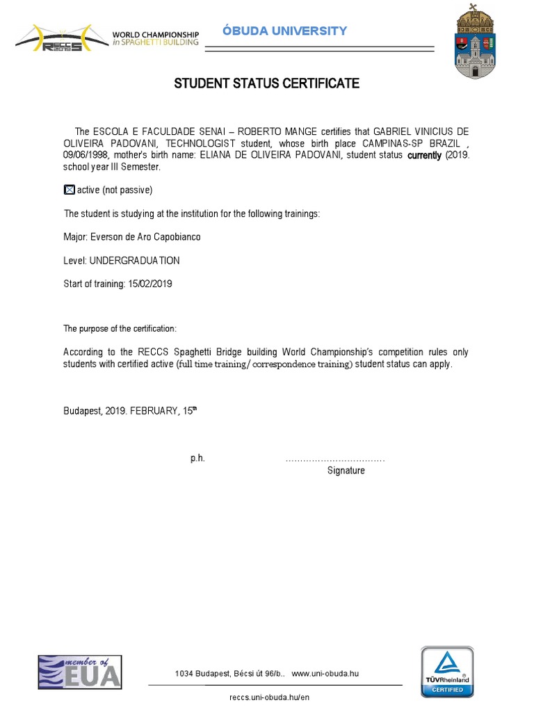 Student Status Certificate for Competitions | PDF
