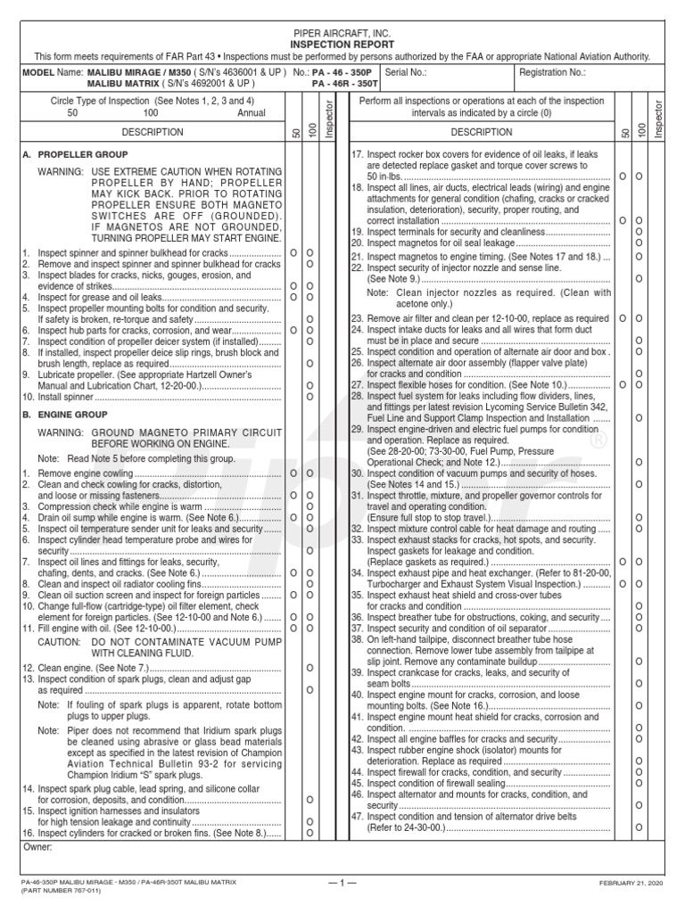 Piper PA46350P Inspection Report 767011 February 2020 PDF
